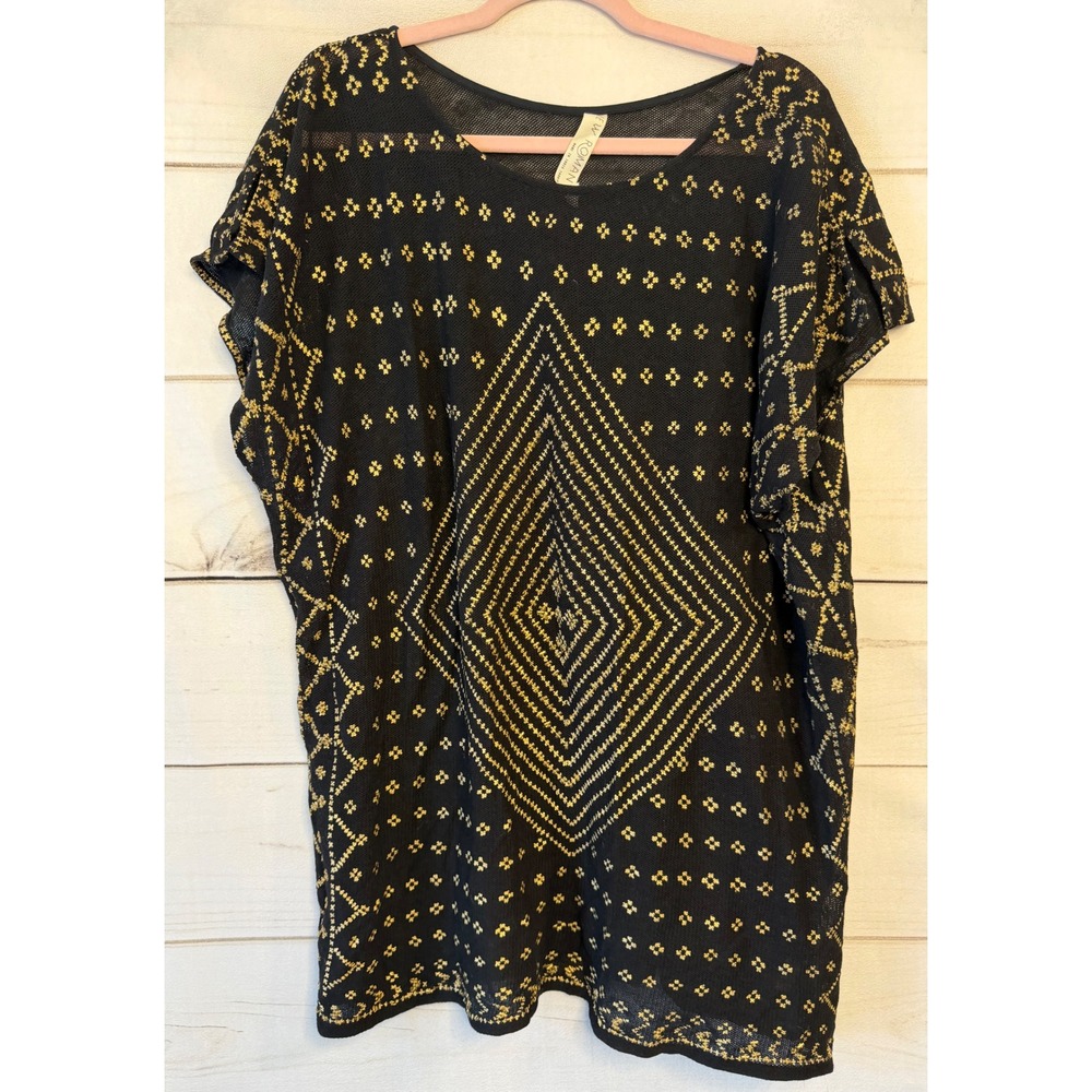 Free People New Romantics Black Gold Embroidered Mesh Top Boho Small S
